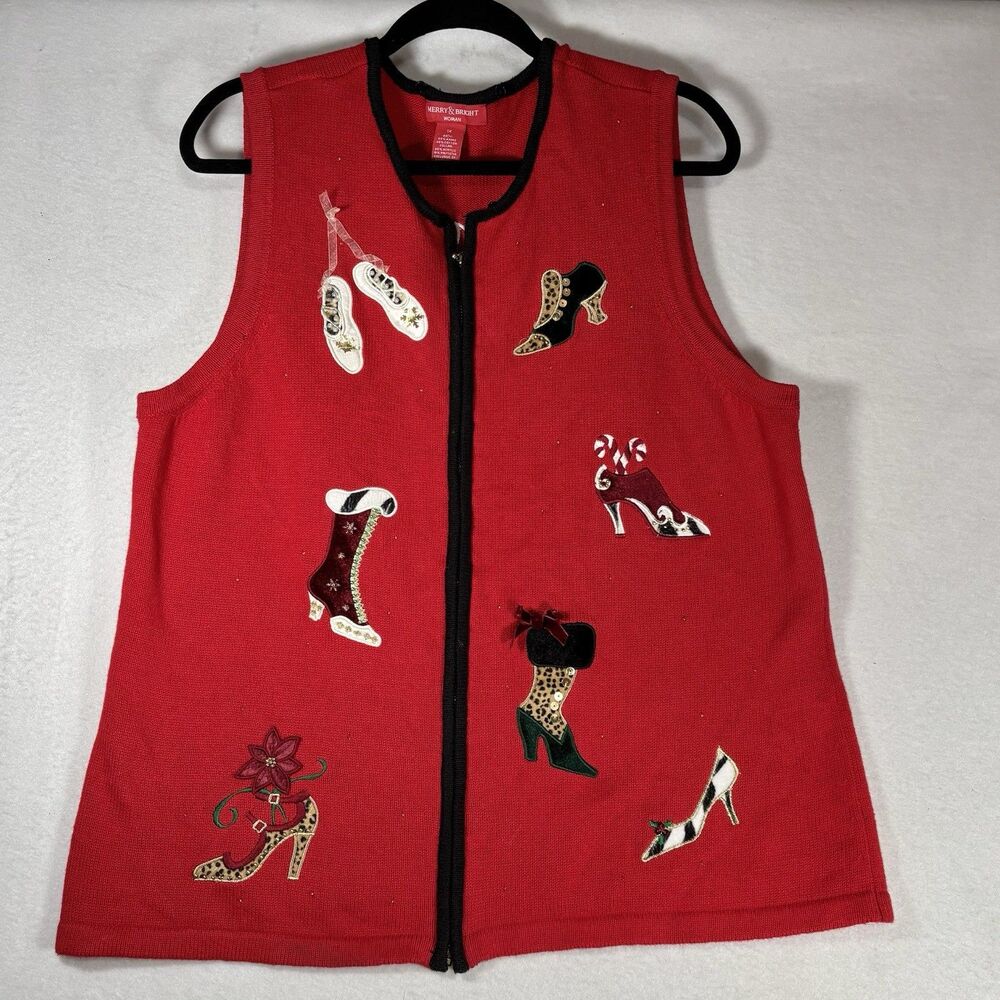 Vintage Merry & Bright Christmas Sweater Vest  Red Holiday Shoes Trim